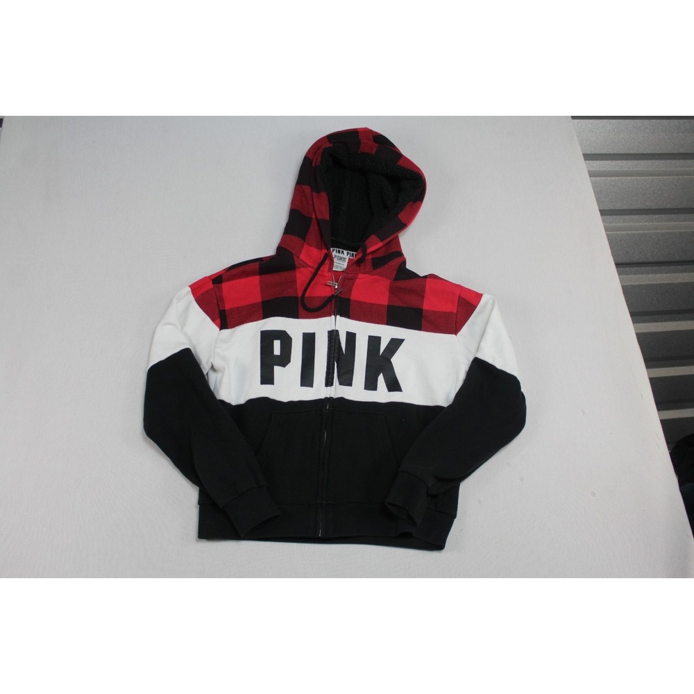 Pink Women Black Sweater Hooded Red Plaid Long Sleeve Casual Size XS